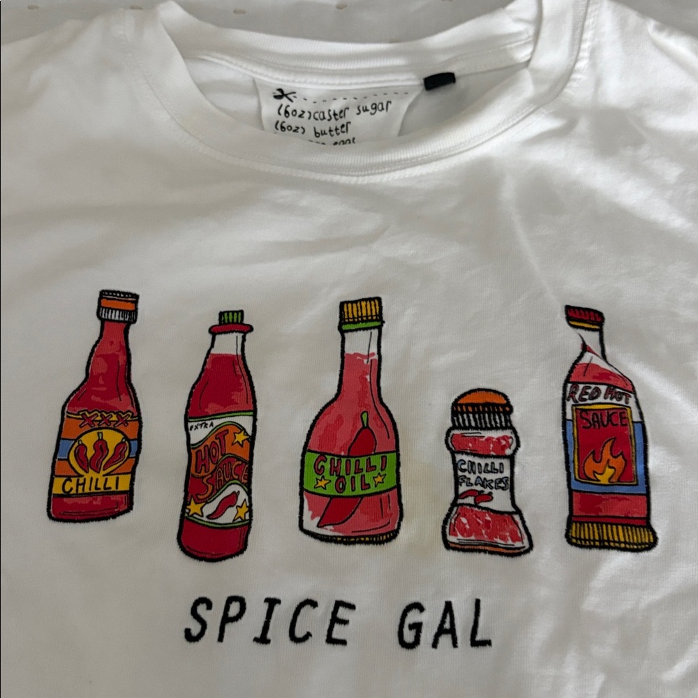 TEE and CAKE White Tee with Colorful Hot Sauce Bottle Graphics